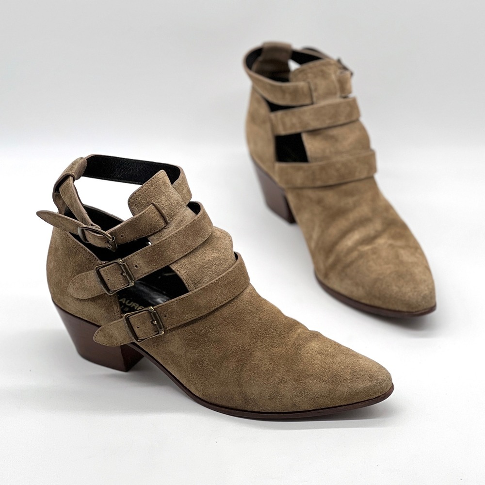 Saint Laurent Rock Triple Strap Bootie Womens 38 Taupe Suede Pointed Toe Ankle